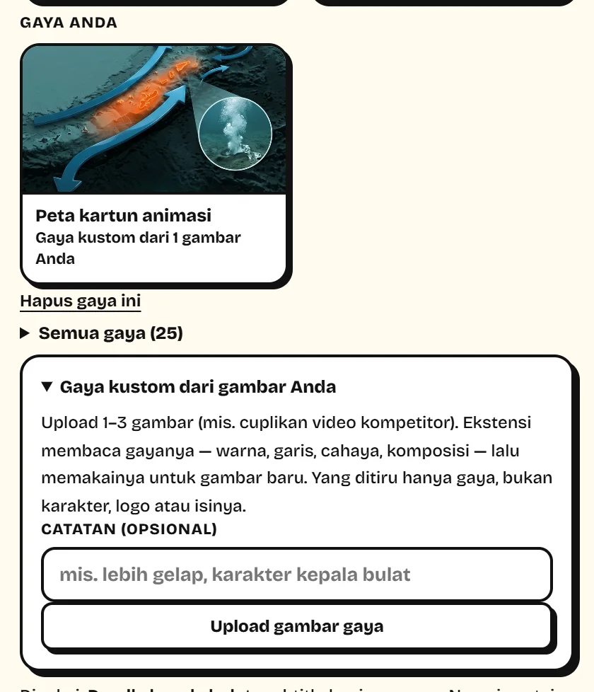 Bagian Gaya Anda di panel: visual style dari gambar acuan dan tombol Upload gambar gaya