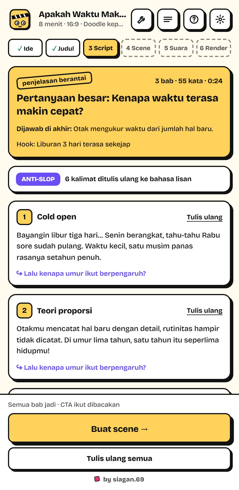 Layar Script dengan bab dan narasi