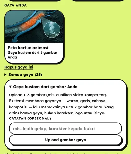 Bagian Gaya Anda di panel: visual style dari gambar acuan dan tombol Upload gambar gaya