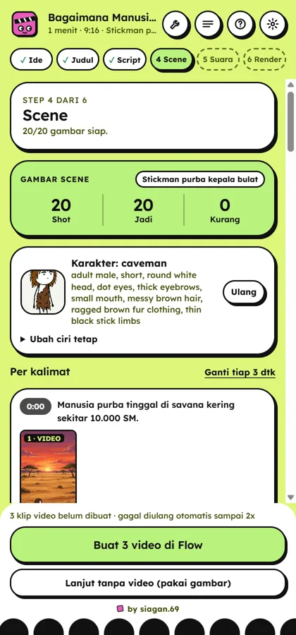 Layar Scene: karakter caveman dan gambar per kalimat
